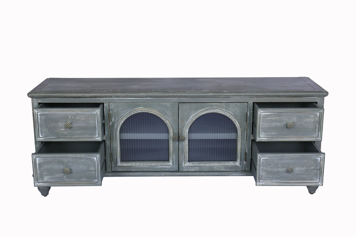 60" Farmhouse TV Stand with 4 Drawers & Glass Doors