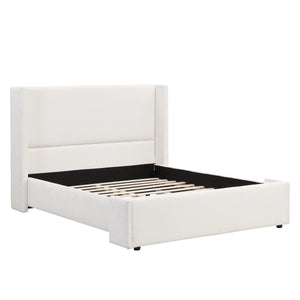 Elegant White Fabric Upholstered Wingback Bed, Queen