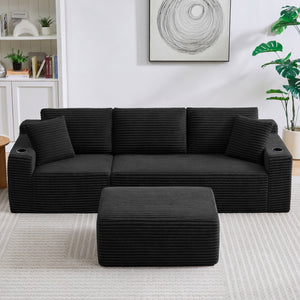 L-Shaped Sectional Sofa with Ottoman, Corduroy 3-Seat Couch for Living Room