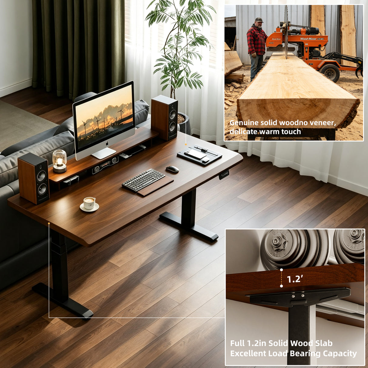 Solid Rubberwood Electric Standing Desk, Adjustable Height Sit Stand Desk with Single Motor, Ergonomic Home Office Desk with 2-Tier Legs