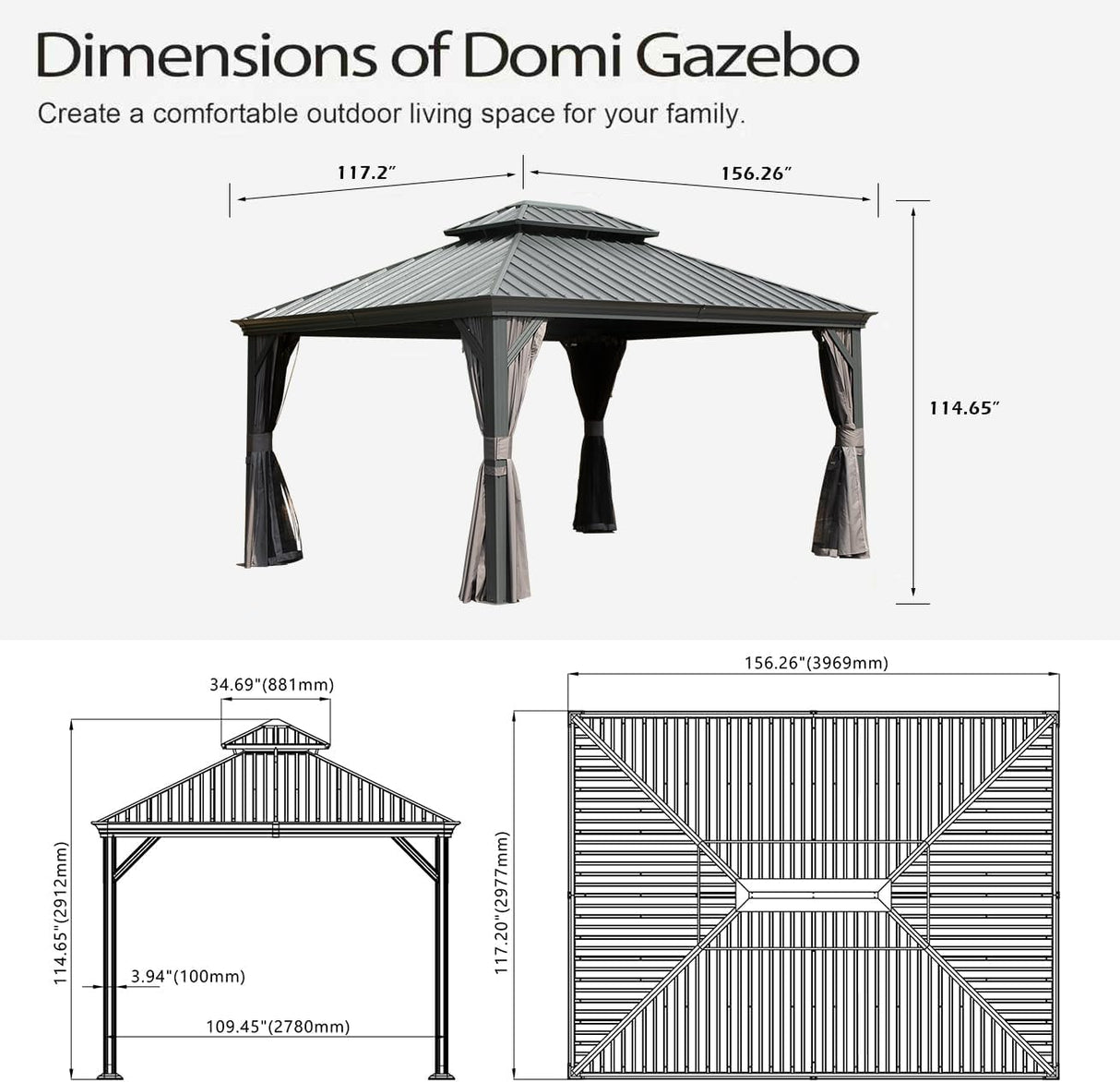 10x13ft Outdoor Gazebo with Galvanized Steel Double Roof