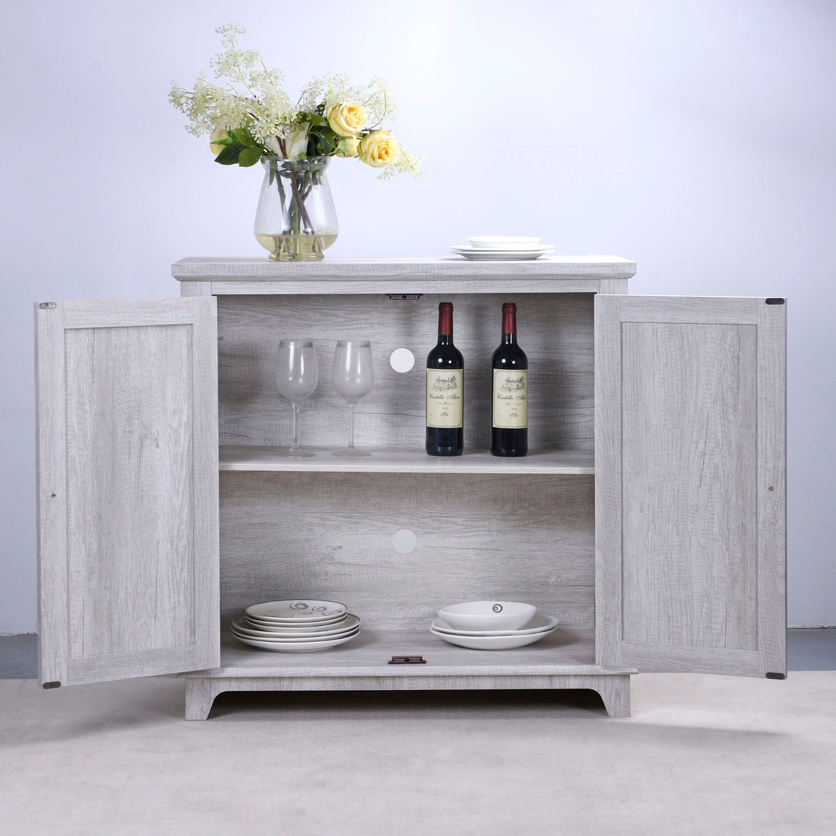 Elegant Sideboard With 2 Acrylic Mirrored Doors, Adjustable Shelf Storage