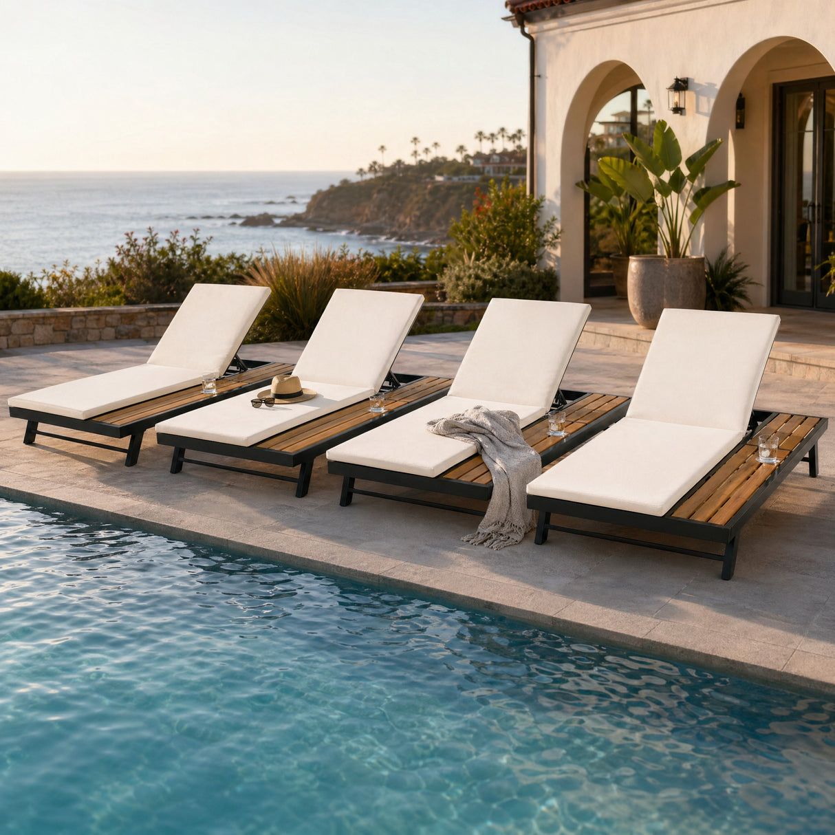 Black Iron and Teak Finish Outdoor Chaise Lounge Set