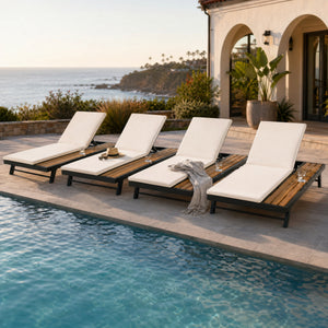 Black Iron and Teak Finish Outdoor Chaise Lounge Set