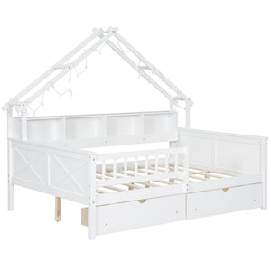 House Style Platform Bed With LED Lights, Storage Shelves, Drawers, And Guardrail