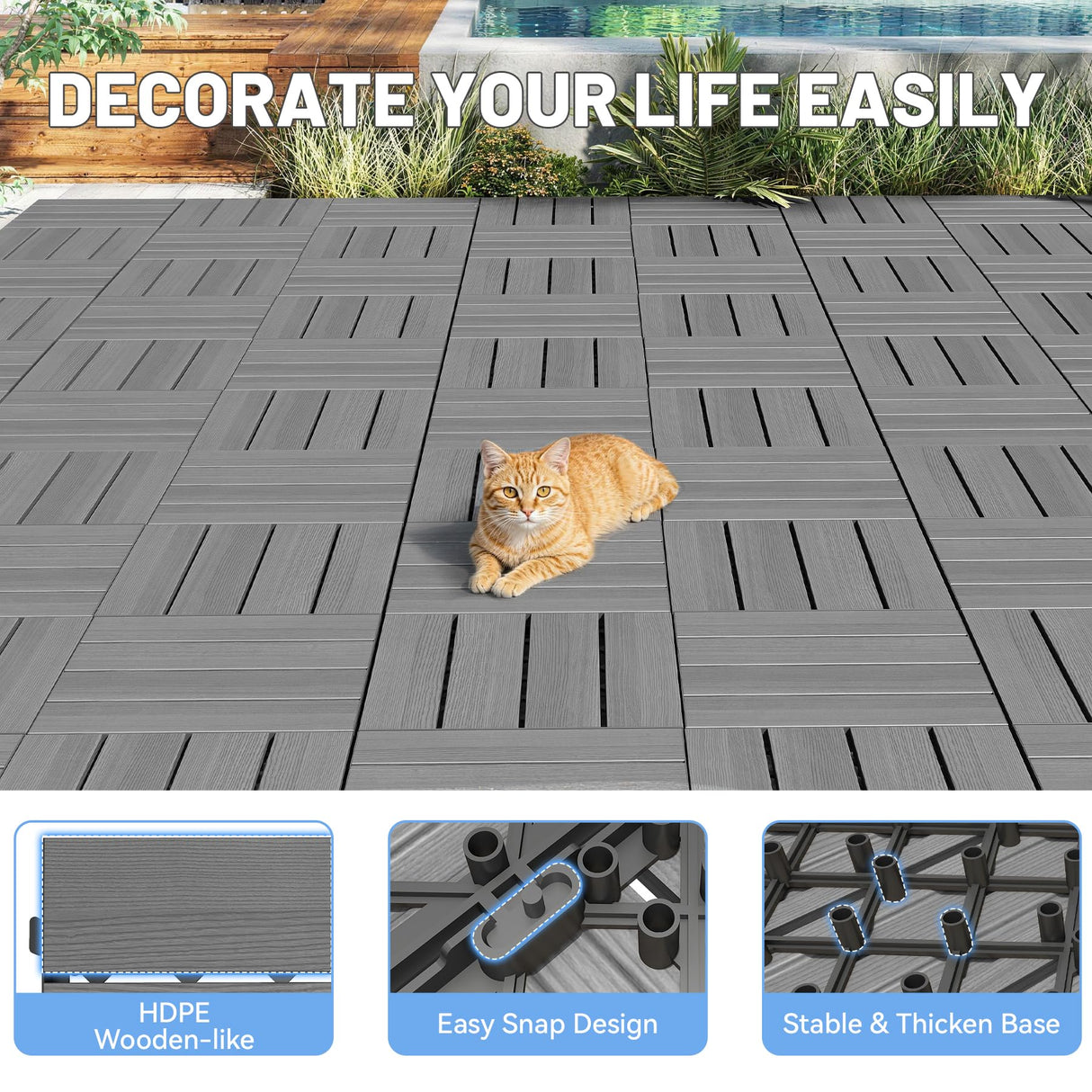 44 Pcs Interlocking Deck Tiles, 12" x 12" HDPE Outdoor Flooring