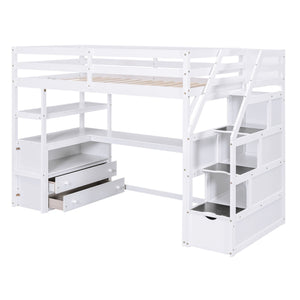 Loft Bed With Desk, Shelves, 2 Drawers, Storage Staircase