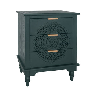 Hollow Carved 3 Drawer Dresser With Metal Handles, Storage Chest For Living Room Or Bedroom - Blackish Green