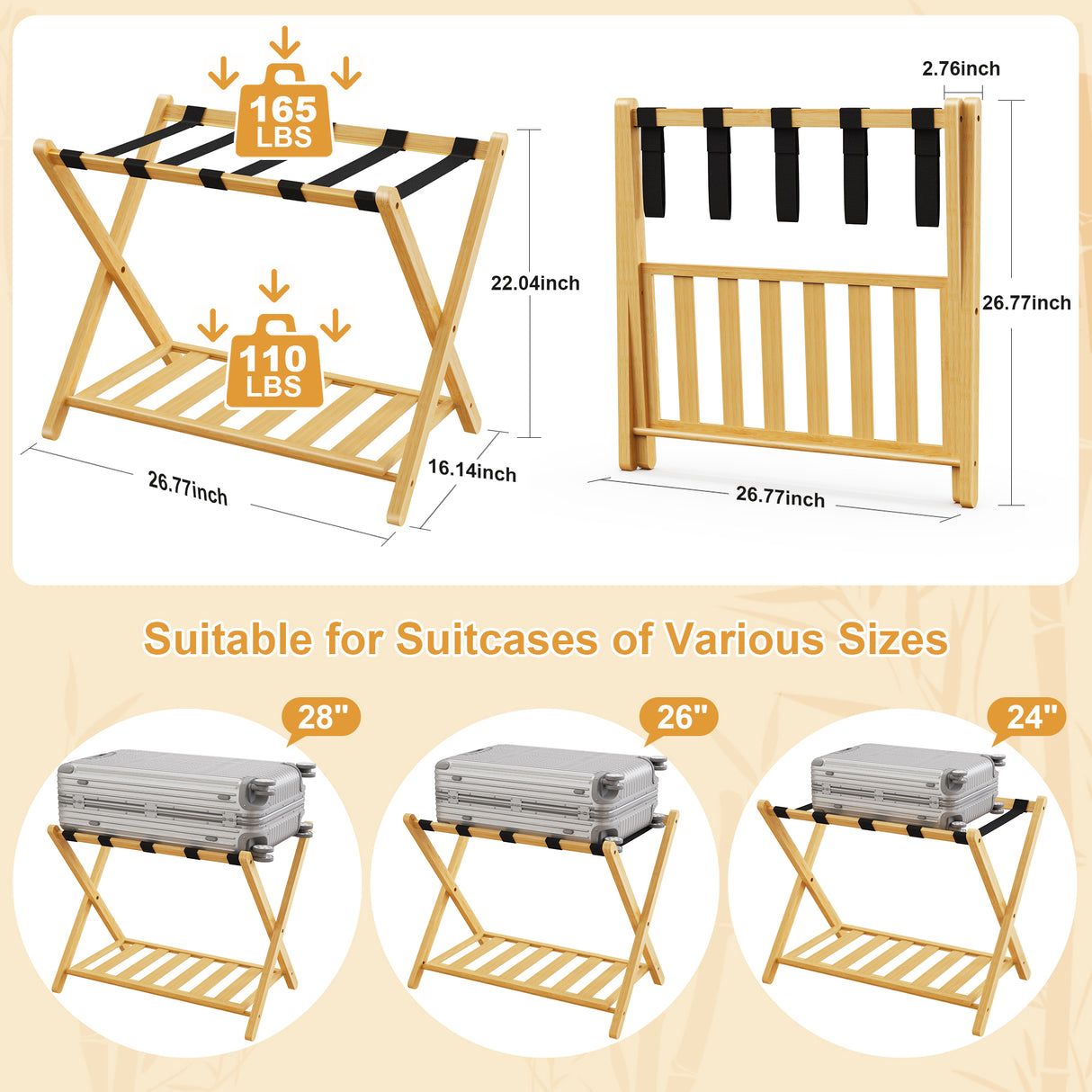 Folding Bamboo Luggage Rack with Lower Storage Shelf