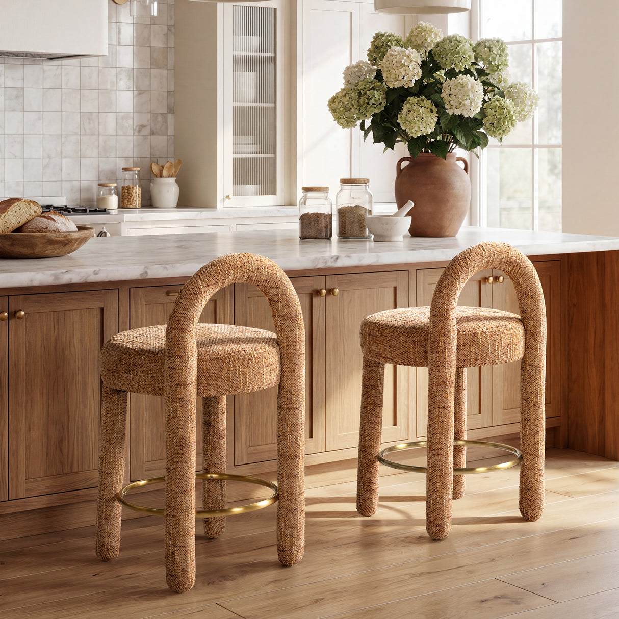 Penny Round Arched Fully Upholstered Counter Stool, Set of 2, Golden