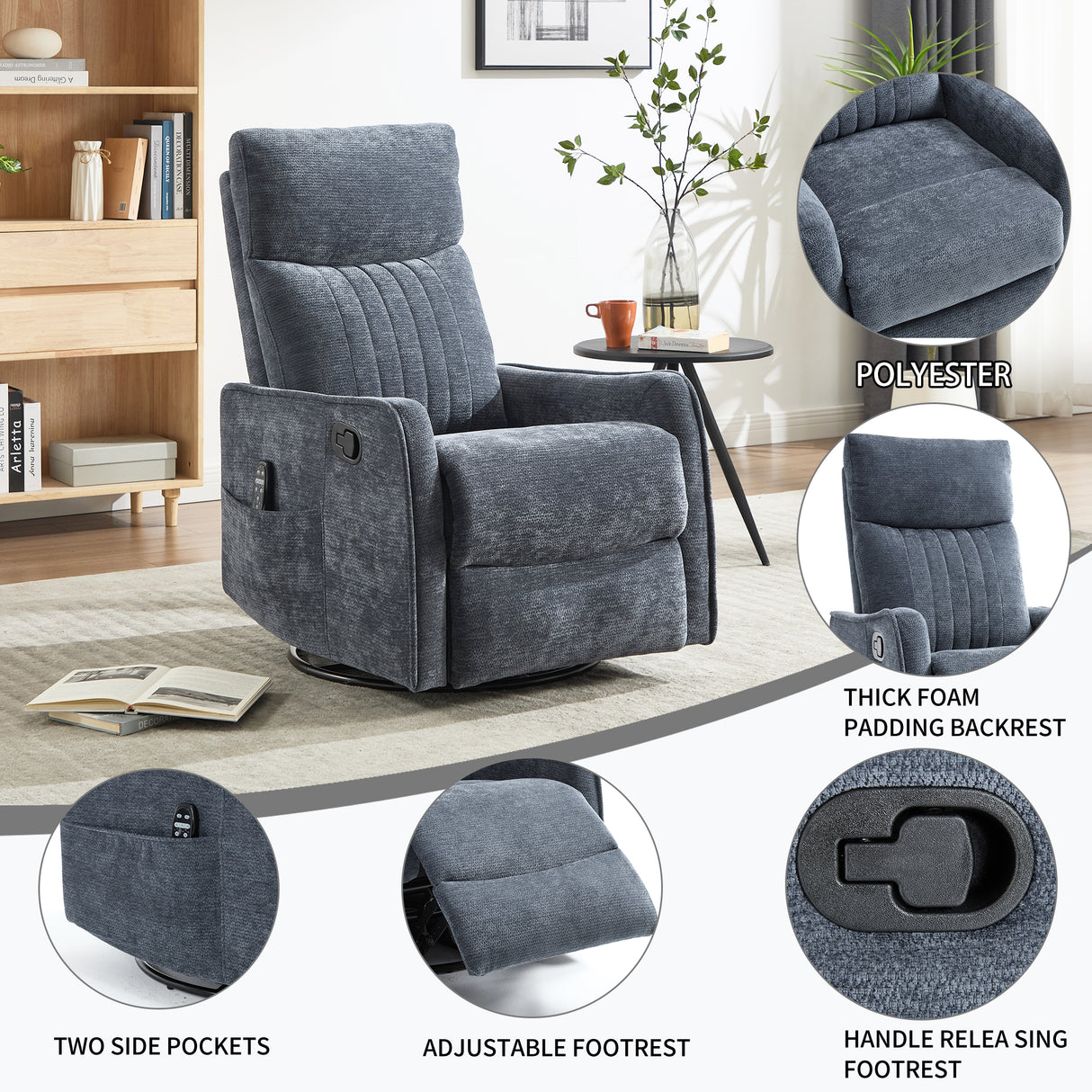 Blue Heat Massage Manual Recliner Chair with Rocker and Swivel
