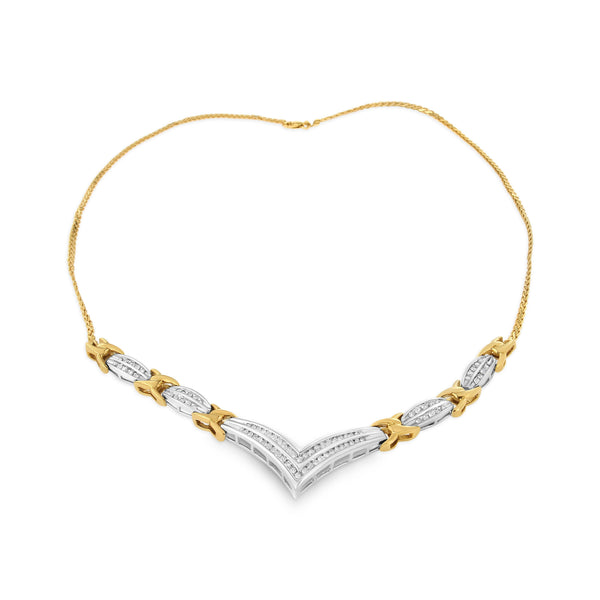 10K Yellow and White Gold 1.0 Cttw Round and Princess cut Diamond "V" Shape Statement Necklace (I-J Color, I1-I2 Clarity)