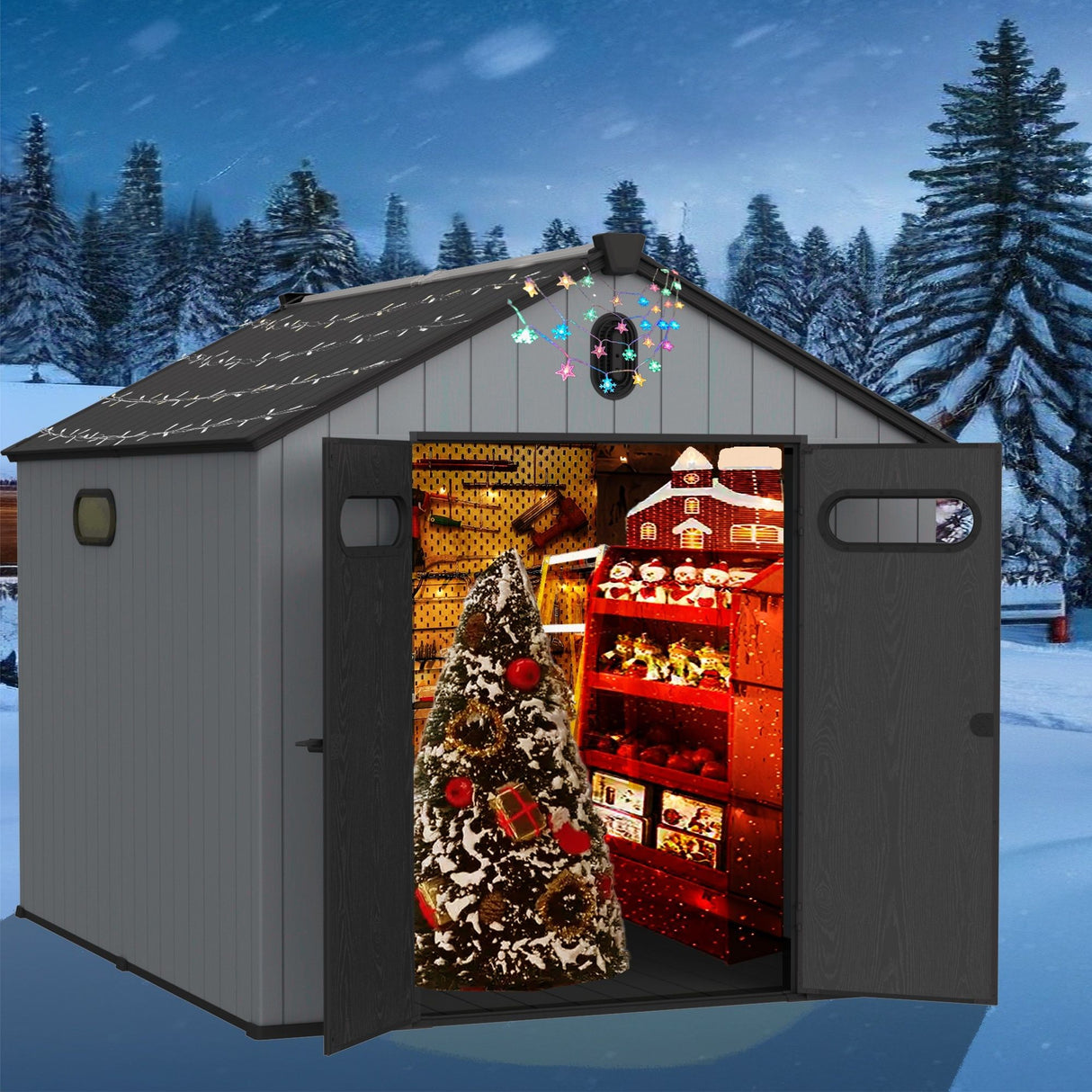 Resin Plastic Storage Shed For Backyard Garden With Spire Tool Storage