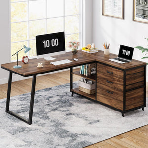 L-Shaped Computer Desk With 3 Drawers And Storage Shelves, Reversible Corner Workstation For Small Rooms - Brown / Black
