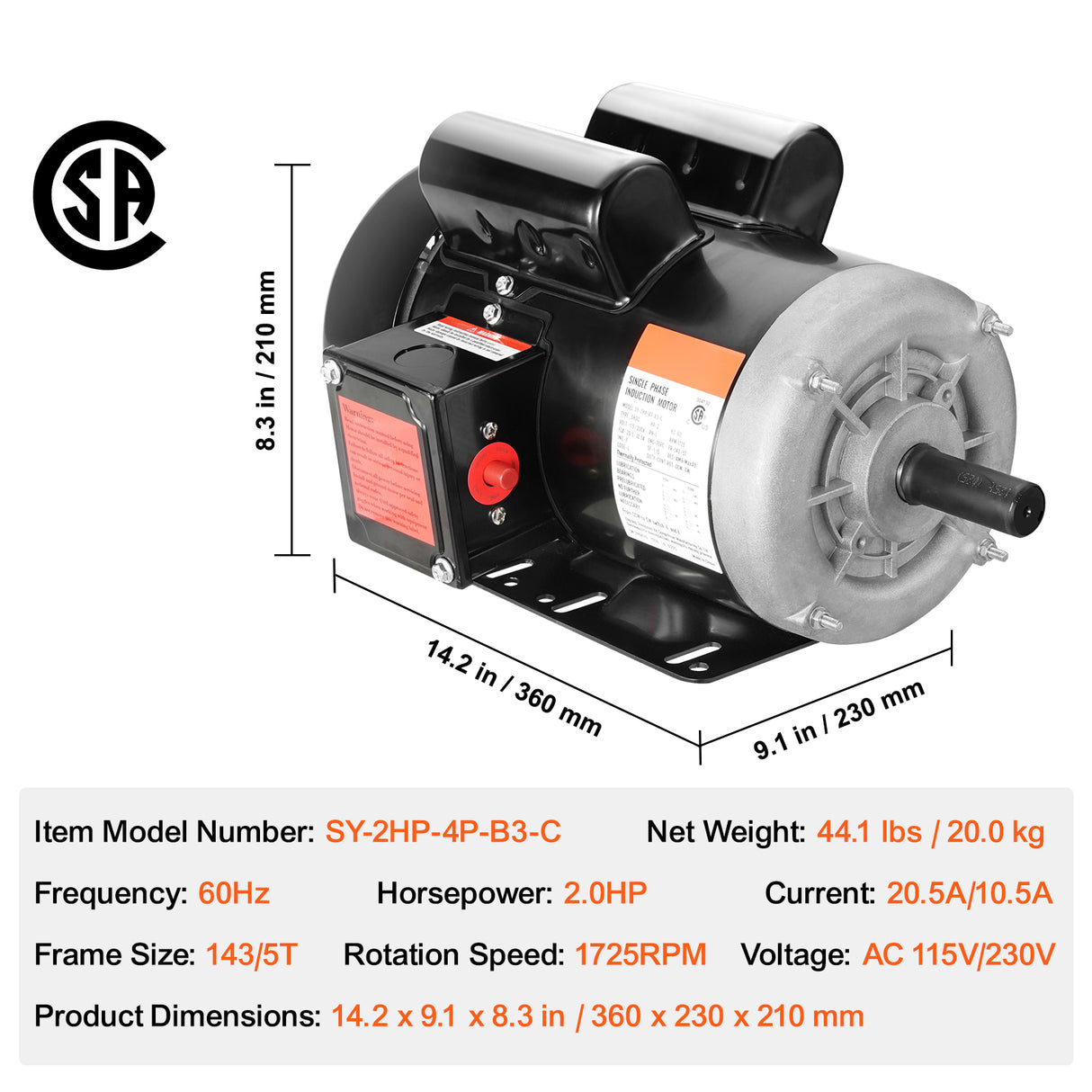 2HP Electric Motor 1725 RPM AC 115V/230V with Dual Rotation