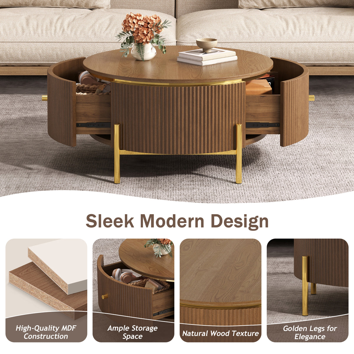 Modern Round Coffee Table with 2 Large Drawers Storage Accent Table