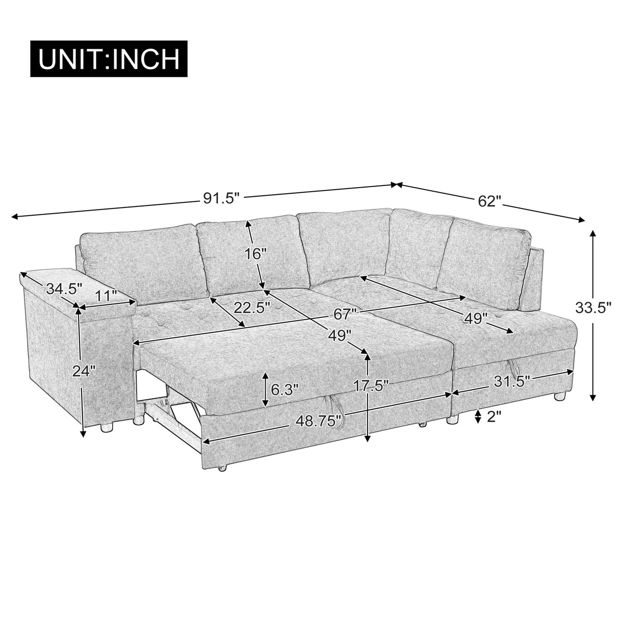 L Shaped Couch With Pull Out Bed And Storage Sectional Sleeper Sofa With Hidden Storage, Wide Armrest With Storage, For Living Room, Apartment, Bedroom, Office - Best Buy Furniture