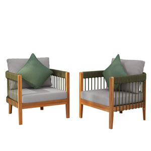 [Set of 2] Acacia Wood Outdoor Club Chair with Rope Accents