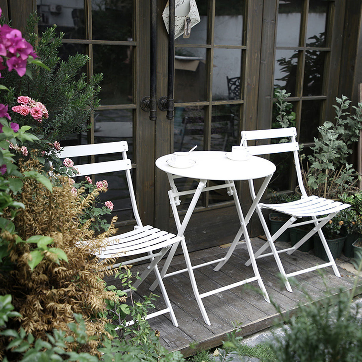 3 Piece Patio Bistro Set Of Foldable Round Table And Chairs