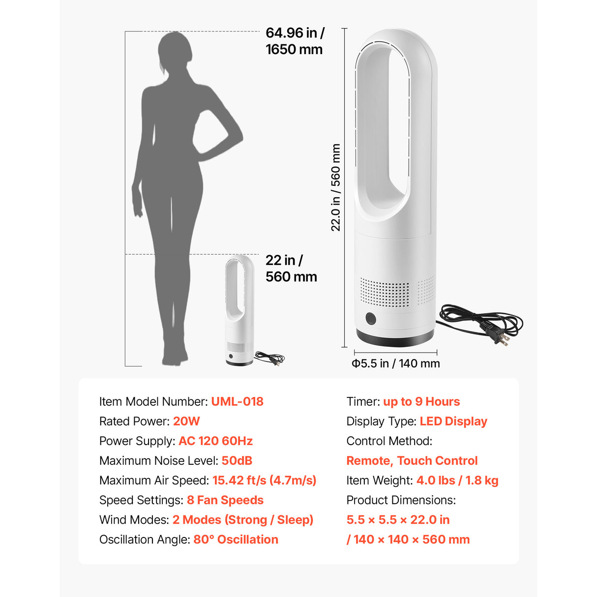 Bladeless Tower Fan, 80° Oscillating Standing Fan with Remote