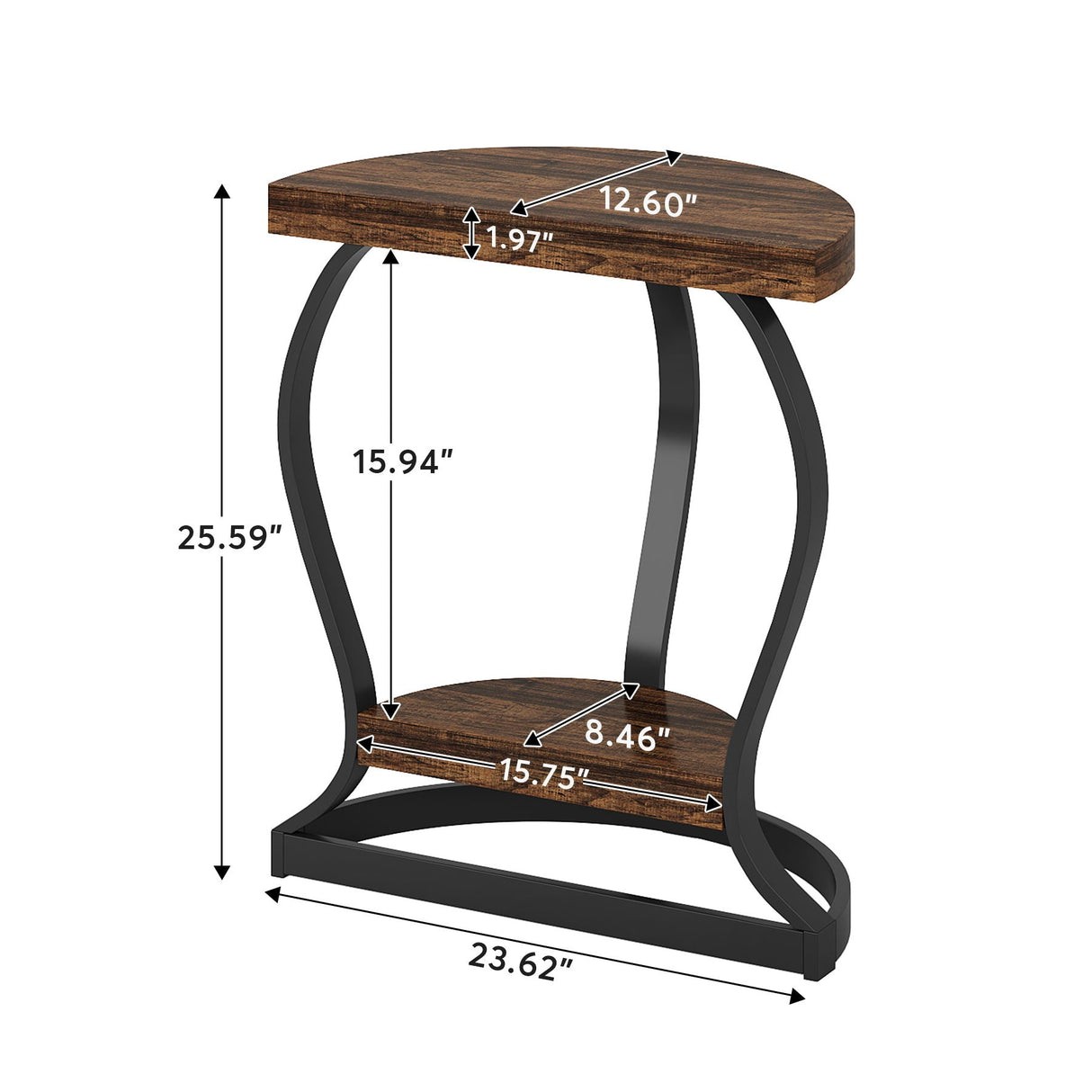 Half Round End Table With Frame, 2 Tier Semi Circle For Entryway - Brown / Black