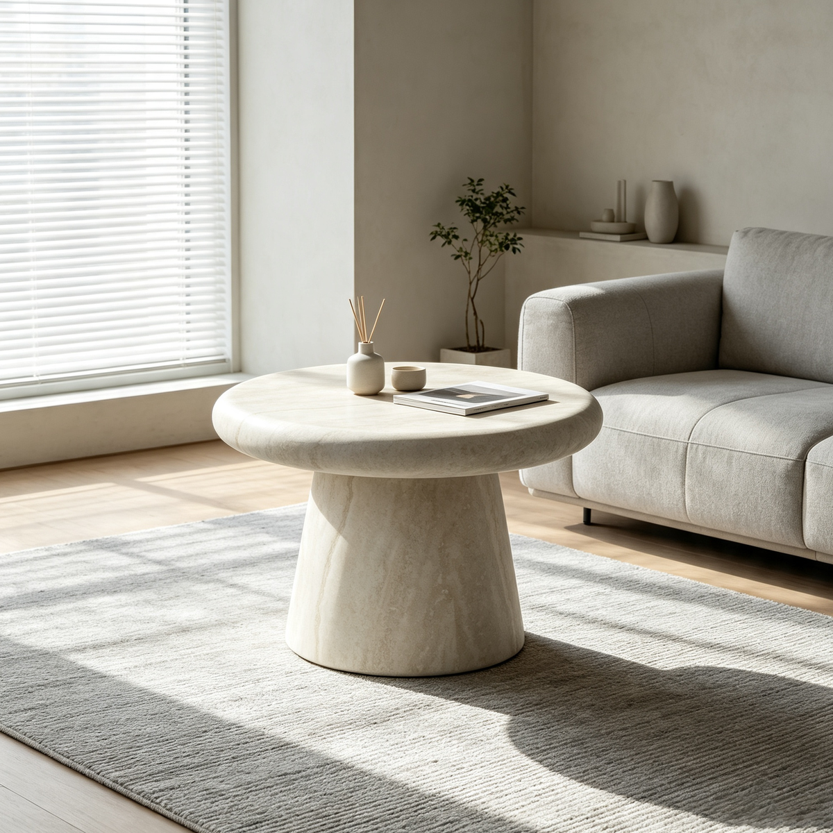 Round Fiberglass Coffee Table, 21.65-Inch, Travertine Print, Low Profile