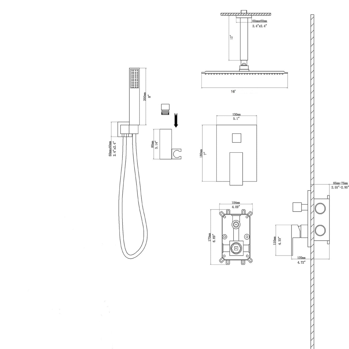 Modern Dual Shower Head System With 16" Ceiling Mount Finish, Stainless Steel And Brass