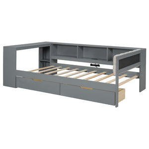 Upholstered Headboard Platform Bed With Storage Shelves, Drawers, Charging Station