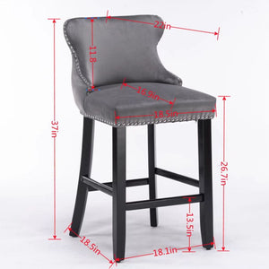 Contemporary Upholstered Wing-Back Barstools With Button Tufted Decoration And Wooden Legs, And Nailhead Trim, Leisure Style Bar Chairs, Bar Stools (Set of 2)