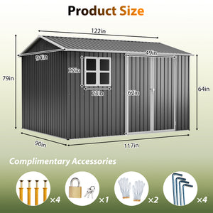 10'x8' Oversized Steel Storage Shed with Window and Lockable Doors
