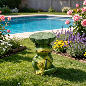 Magnesium Oxide Frog Stool Garden Statue with Lotus Leaf Seat - Outdoor Decor
