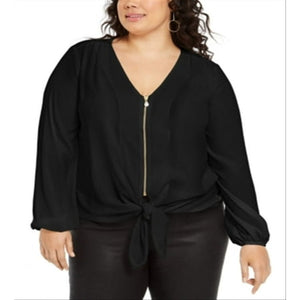 Women's Plus Size Pebble Crepe Tie Front Top - Black