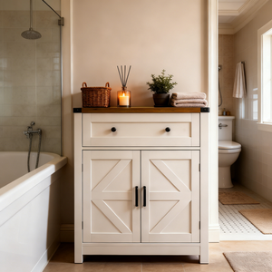 White & Wood-Grain Top Farmhouse Barn-Door Storage Cabinet