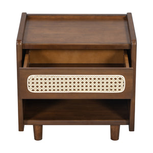 Walnut Nightstand with Rattan Detail, MDF + Solid Wood
