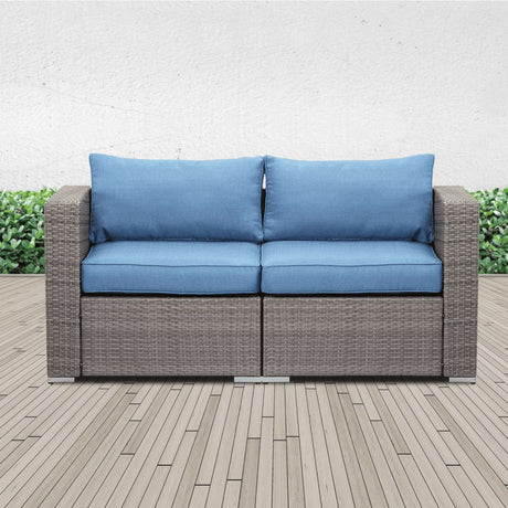 2 Piece Patio Loveseat Set With Thick Cushions, Outdoor Sectional Sofa For Balcony - Blue / Brown