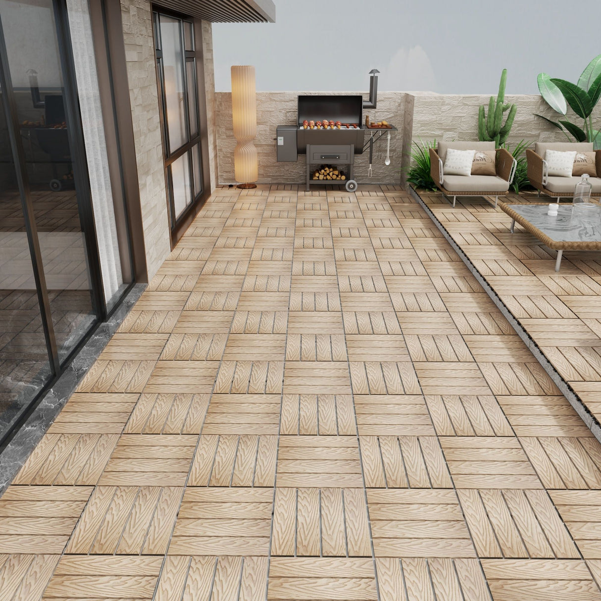 Patio Deck Tiles, Interlocking Diy Flooring For Indoor / Outdoor Use (Set of 22) - Teak