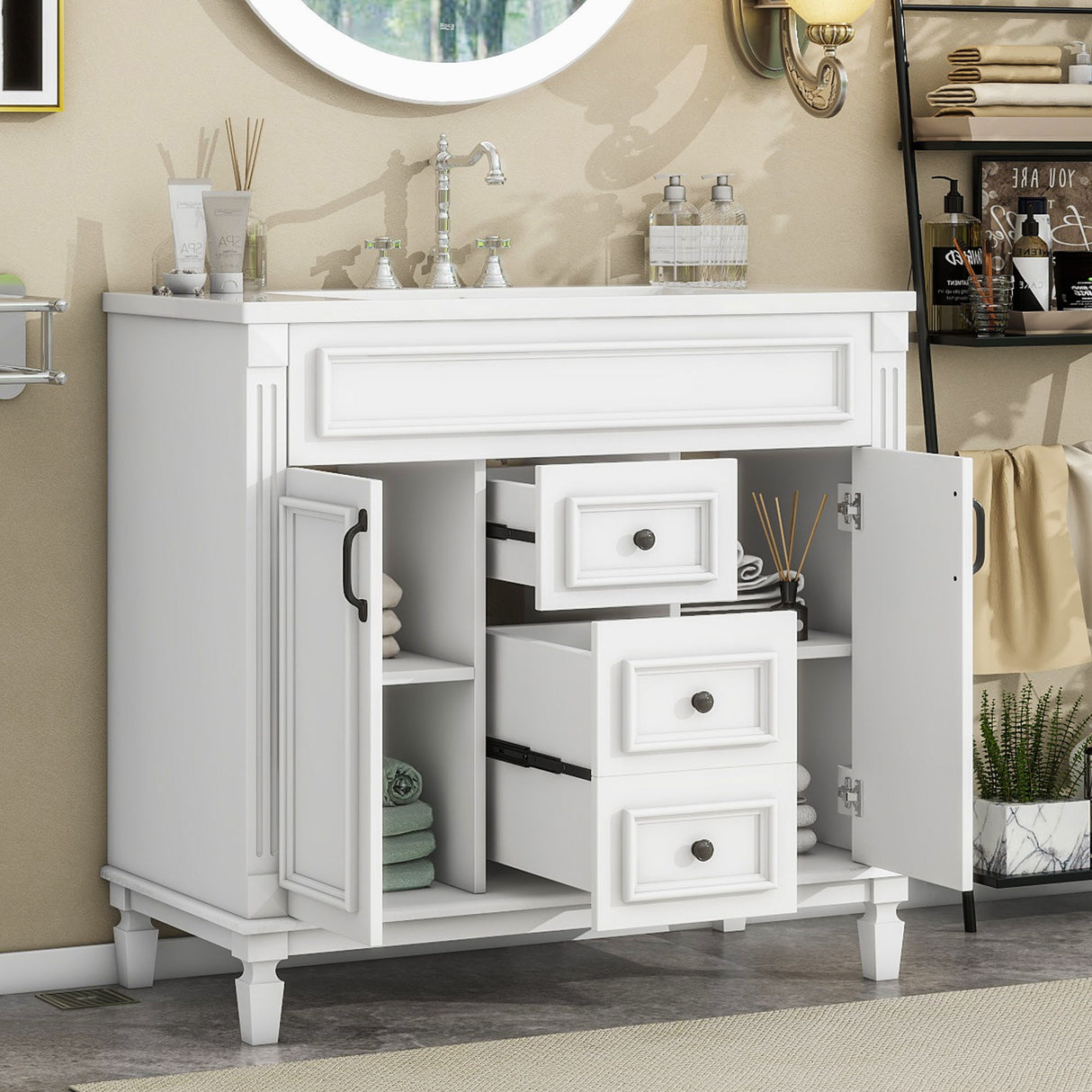 Bathroom Vanity With Top Sink, Basin On Cabinet With 2 Soft Closing Doors And 2 Drawers