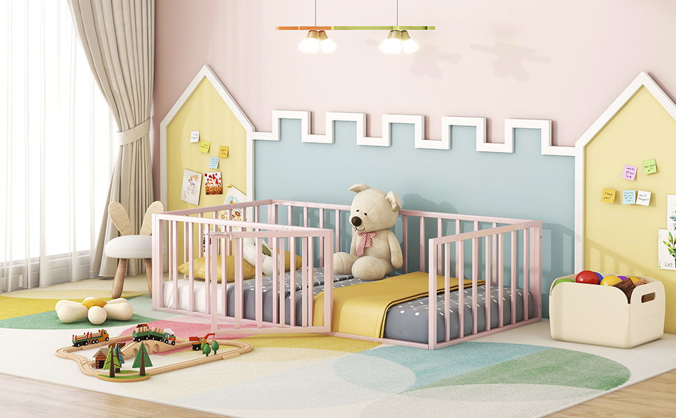 Metal Floor Bed Frame With Fence And Door