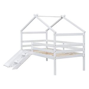 Low Loft House Bed With Slide, Ladder, Safety Guardrails, House Roof Frame