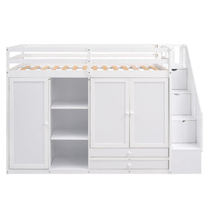Loft Bed With 3 Shelves, 2 Wardrobes, 2 Drawers, Ladder Storage