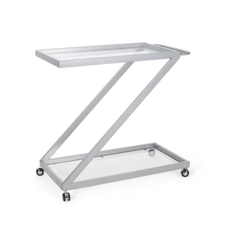 Modern Z Shaped Bar Cart With Tempered Glass Shelves - Silver - Best Buy Furniture