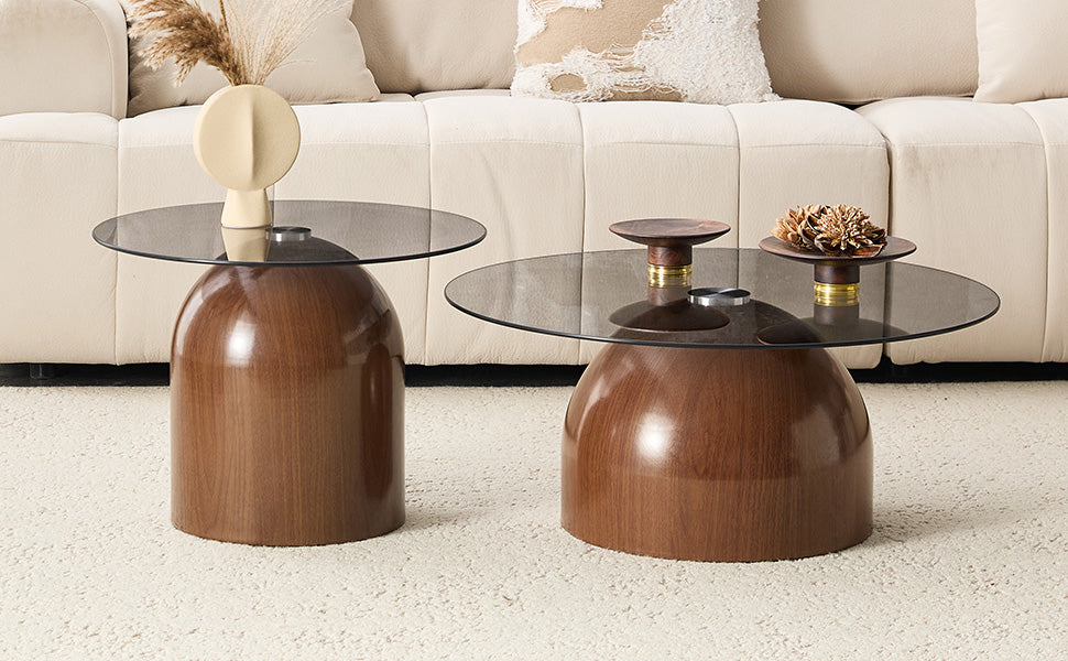 Nesting Coffee Table Set of 2 with Glass Desktop in Walnut