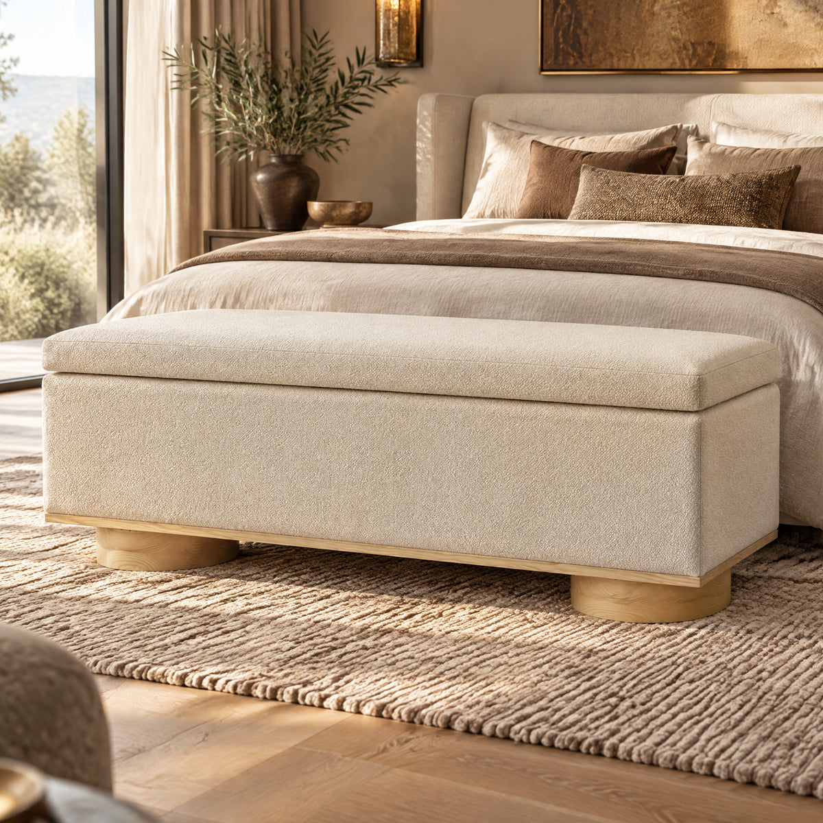 Modern 50" Oatmeal Upholstered Storage Bench