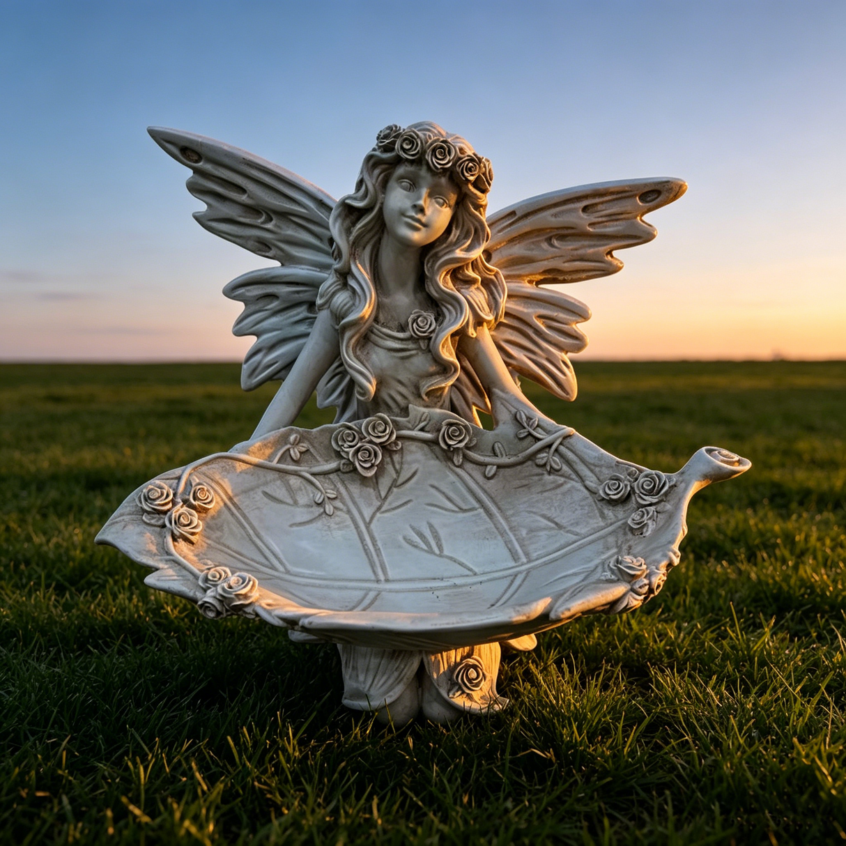 12.80" High Garden Fairy Figurine, 14.37" Wide Resin Angel Statue with Leaf Tray, Multi-Functional Bird Feeder & Decorative Tray for Outdoor & Indoor Use