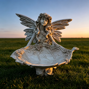 12.80" High Garden Fairy Figurine, 14.37" Wide Resin Angel Statue with Leaf Tray, Multi-Functional Bird Feeder & Decorative Tray for Outdoor & Indoor Use