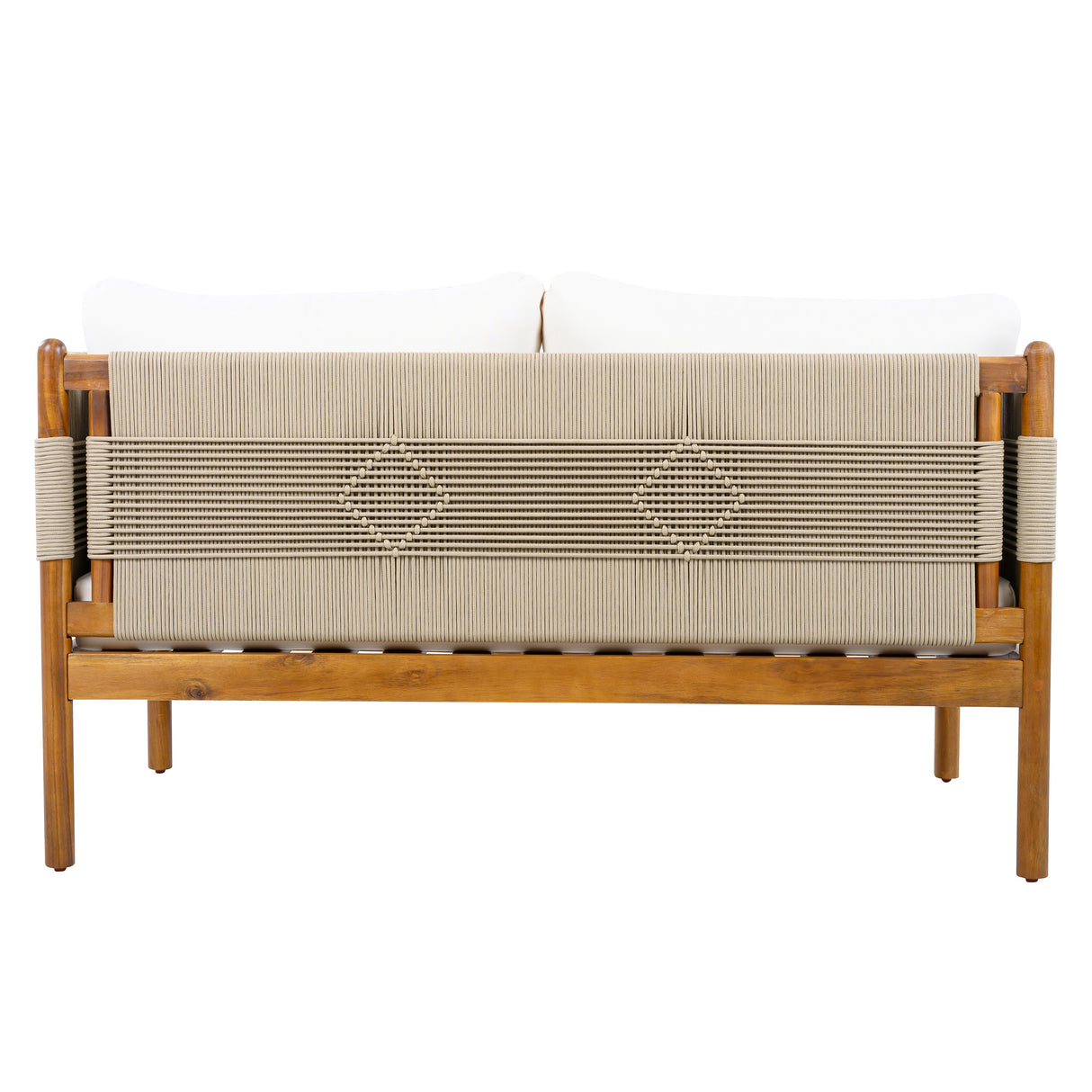 Outdoor Acacia Wood Loveseat with Diamond Rope Weave & Cushions, Teak Finish