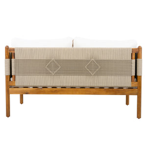 Outdoor Acacia Wood Loveseat with Diamond Rope Weave & Cushions, Teak Finish