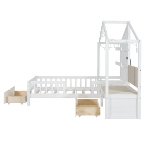 House Bed With Upholstered Sofa, Wireless Charging Station, Shelves And 2 Drawers