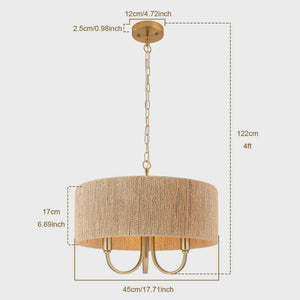 3-Light 18-Inch Farmhouse Drum Chandelier, Gold Iron and Paper Rope