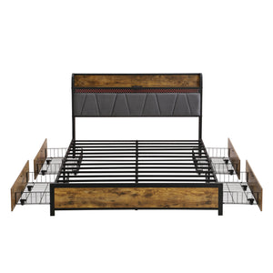Contemporary Bed Frame With Storage Headboard, Charging Station, LED Lights